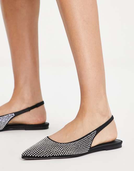 ASOS DESIGN - Lala - Scarpe basse a punta nero/argento con strass e cinturino posteriore, 2 di 4