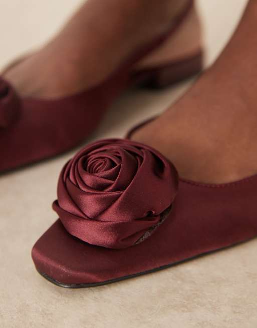 ASOS DESIGN Lamas corsage chisel toe slingback ballets in plum satin, 2 of 4