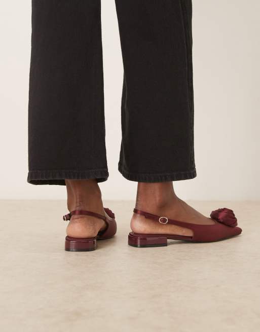 ASOS DESIGN Lamas corsage chisel toe slingback ballets in plum satin, 3 of 4