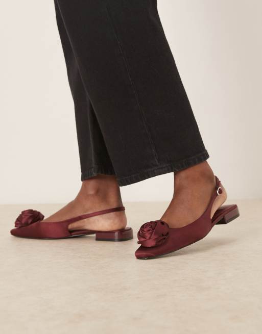 ASOS DESIGN Lamas corsage chisel toe slingback ballets in plum satin, 4 of 4