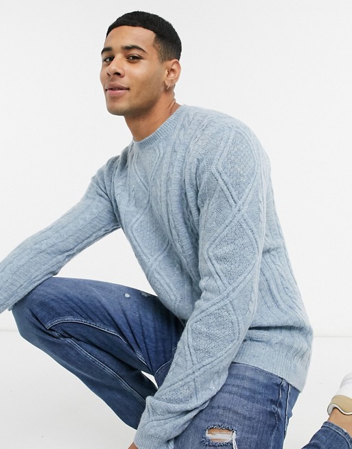 ASOS DESIGN lambswool cable knit crew neck jumper in pastel blue