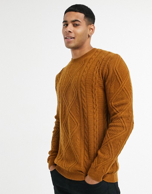 ASOS DESIGN lambswool cable knit crew neck jumper in tobacco
