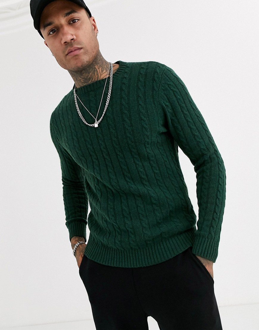 ASOS DESIGN lambswool cable knit jumper in bottle green