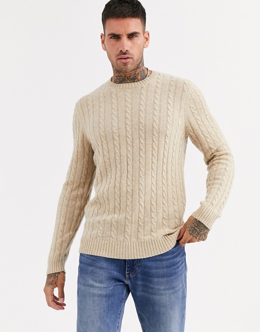 ASOS DESIGN lambswool cable knit jumper in tan