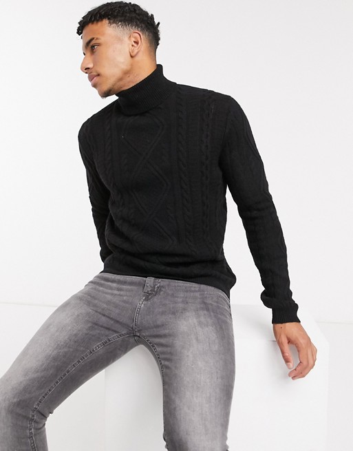 ASOS DESIGN lambswool cable knit roll neck jumper in black