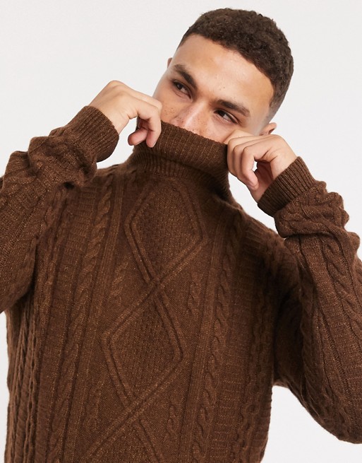ASOS DESIGN lambswool cable knit roll neck jumper in chocolate brown