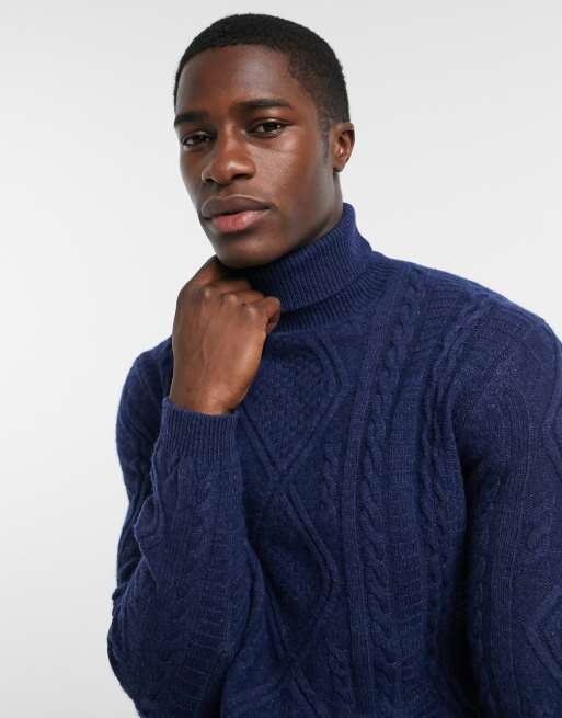 ASOS DESIGN lambswool cable knit roll neck jumper in navy