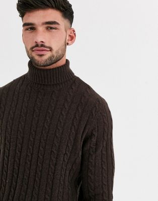 ASOS DESIGN lambswool cable knit roll neck sweater in brown | ASOS