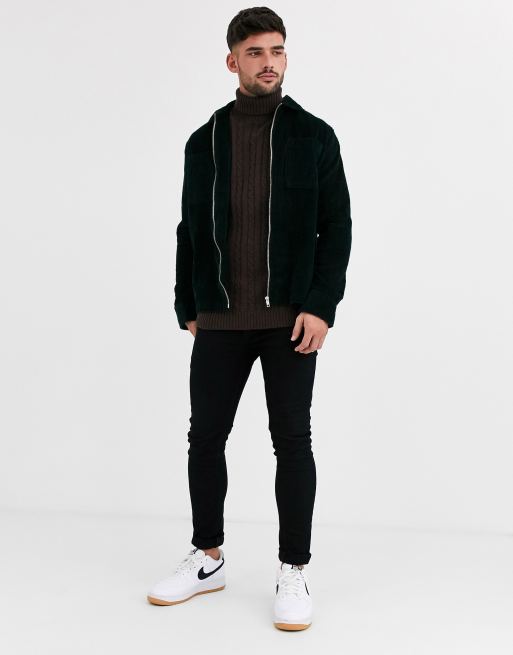 ASOS DESIGN lambswool cable knit roll neck sweater in brown