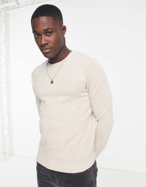 ASOS DESIGN lambswool crew neck sweater in oatmeal | ASOS