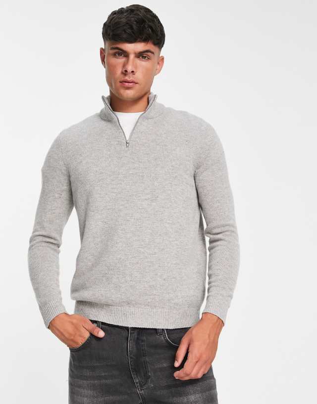 ASOS DESIGN lambswool half zip sweater in light gray