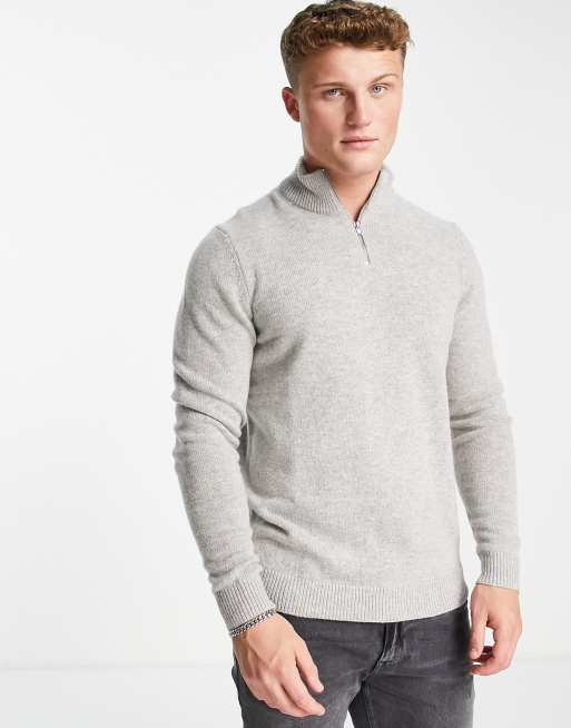 ASOS DESIGN lambswool half zip sweater in light gray