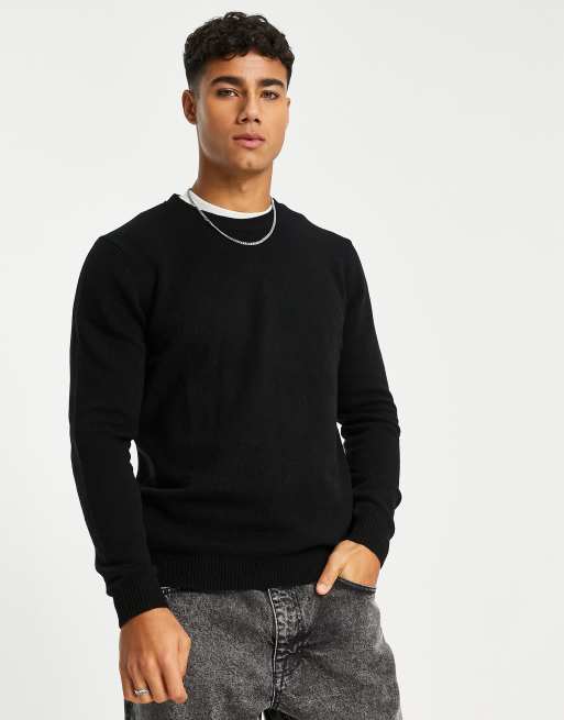 ASOS DESIGN lambswool knitted crew neck sweater in black