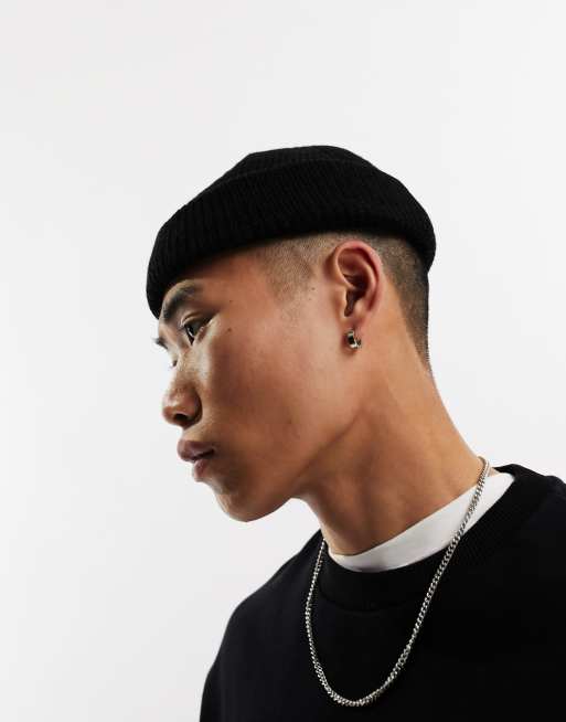 ASOS DESIGN lambswool mini fisherman ribbed beanie in black, 2 of 5