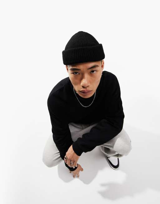 ASOS DESIGN lambswool mini fisherman ribbed beanie in black, 3 of 5