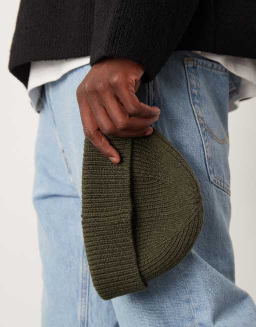 ASOS DESIGN lambswool mini fisherman ribbed beanie in khaki, 3 of 4