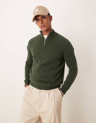 ASOS DESIGN ASOS DESIGN lambswool quarter zip jumper in dark green