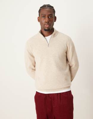 Asos Design Lambswool Quarter Zip Sweater In Oatmeal-neutral