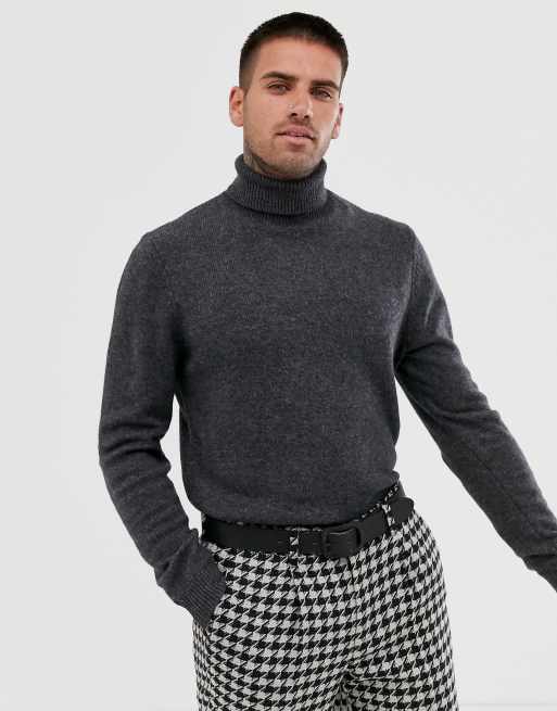 Asos Design Lambswool Roll Neck Jumper In Charcoal Asos