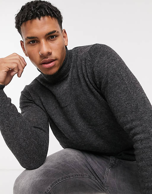 ASOS DESIGN lambswool roll neck jumper in charcoal
