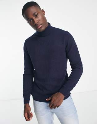 Asos Design Cotton Knit Roll Neck Sweater In Navy