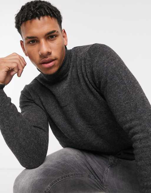 ASOS DESIGN lambswool roll neck sweater in charcoal