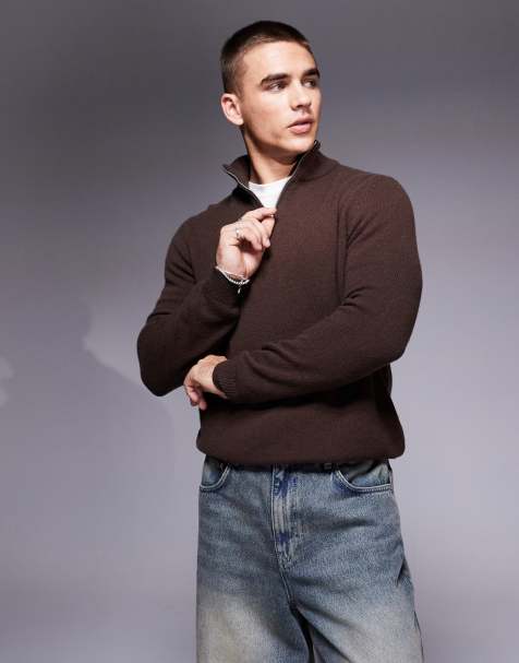 ASOS DESIGN – Lammwoll-Pullover in Braun mit kurzem Reißverschluss - view 1