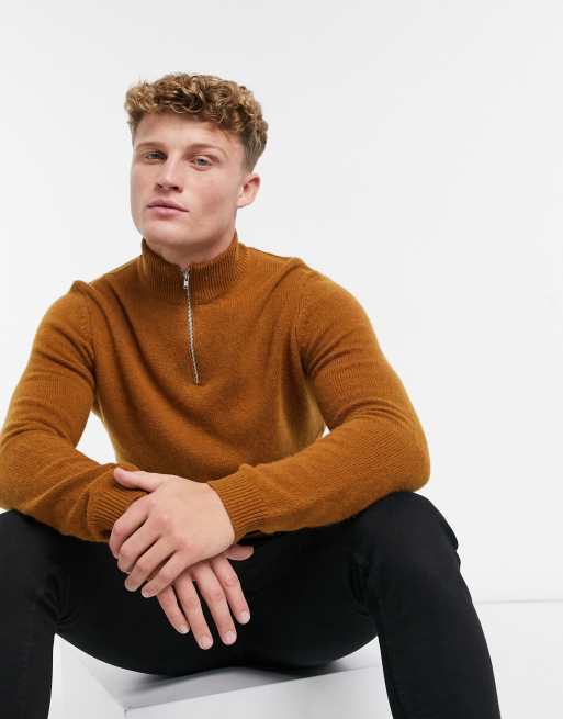 ASOS DESIGN – Lammwollpullover mit halblangem Reißverschluss in Tabak