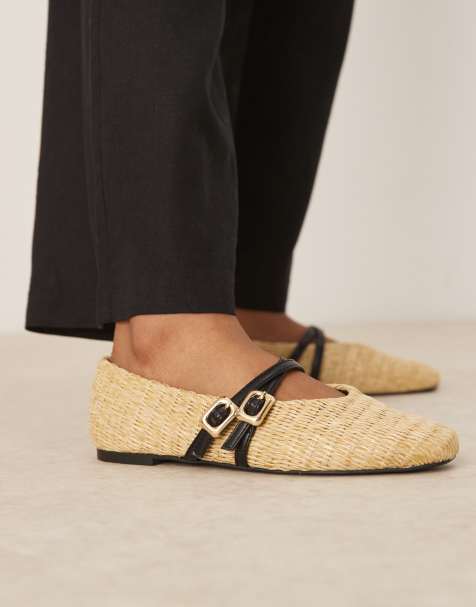 ASOS DESIGN – Landon – Beige, vävda ballerinaskor i Mary Jane-stil med dubbla remmar - view 1
