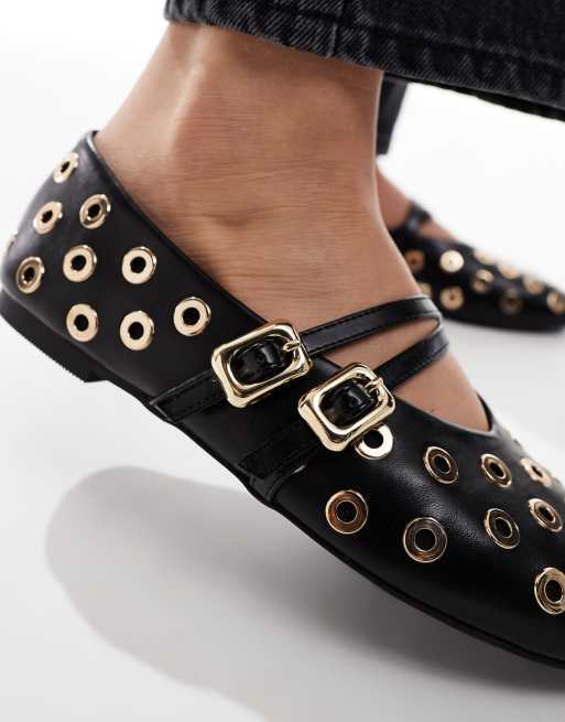 ASOS DESIGN Landon double strap mary jane ballet flats in black with studs