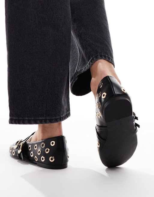 ASOS DESIGN Landon double strap mary jane ballet flats in black with studs