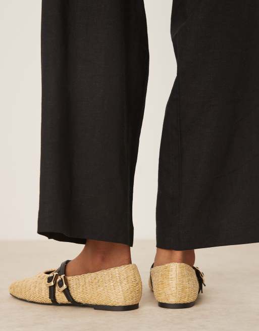 ASOS DESIGN Landon double strap Mary Jane ballet flats in natural weave