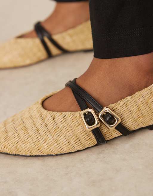 ASOS DESIGN Landon double strap Mary Jane ballet flats in natural weave