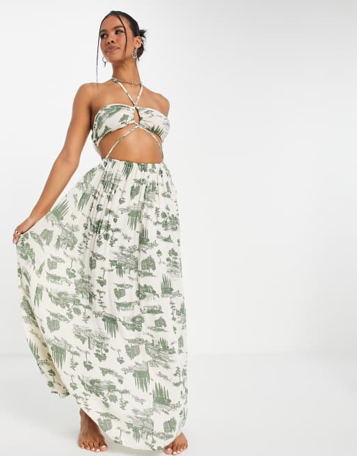 ASOS DESIGN – Landskapsmönstrad strandklänning i maxilängd med utskurna detaljer