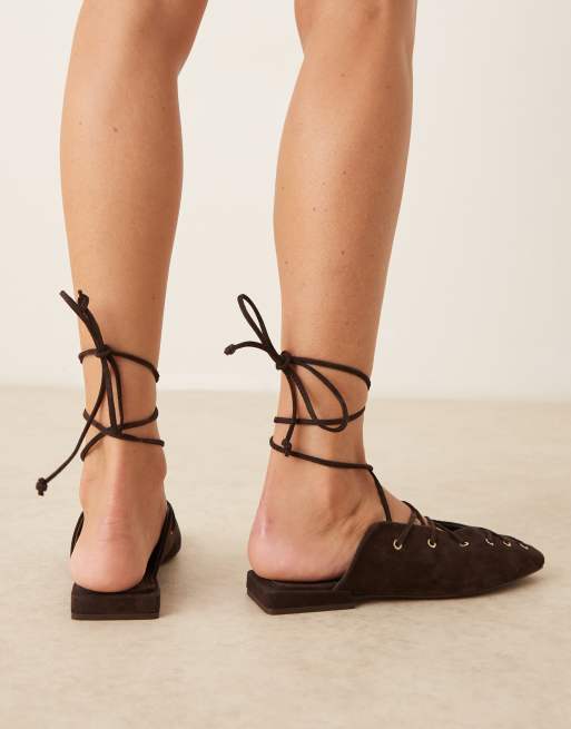 ASOS DESIGN Laney premium ankle wrap tie mules in brown suede