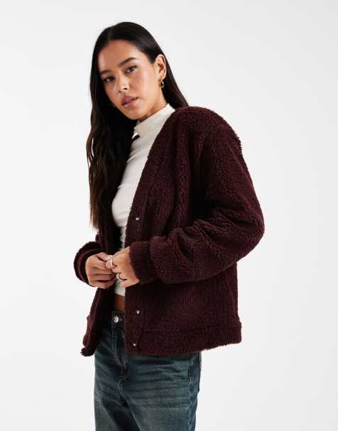 ASOS DESIGN - Lang figenfarvet oversized cardigan i fleece med imiteret lammeskind - view 1