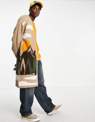 ASOS DESIGN - Lang gebreid vest met landschapsmotief in lichtbruin