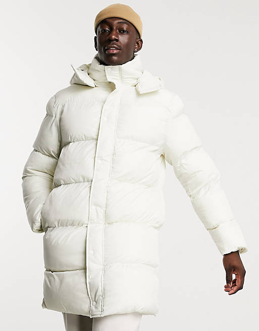 lang geschnittene steppjacke mit kapuze in Weiß ASOS Damen Bekleidung Mäntel Lange Jacken und Winterjacken 