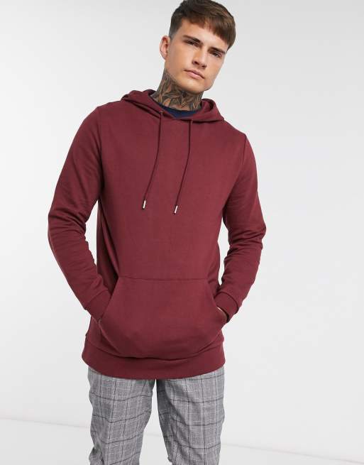 ASOS DESIGN – Lang geschnittener Kapuzenpullover in Burgunderrot