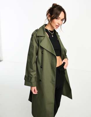 ASOS DESIGN - Lang geschnittener Trenchcoat in dunklem Khaki-Grün