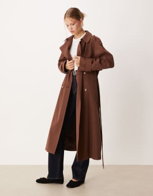 ASOS DESIGN - Lang geschnittener Trenchcoat in Schokobraun