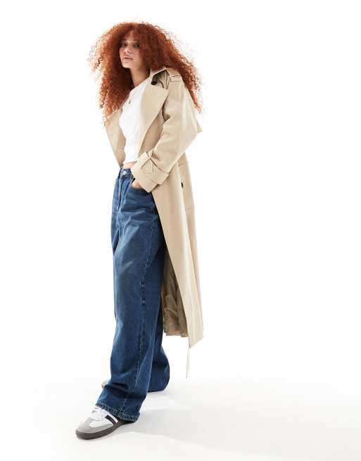 ASOS DESIGN – Lang geschnittener Trenchcoat in Stein