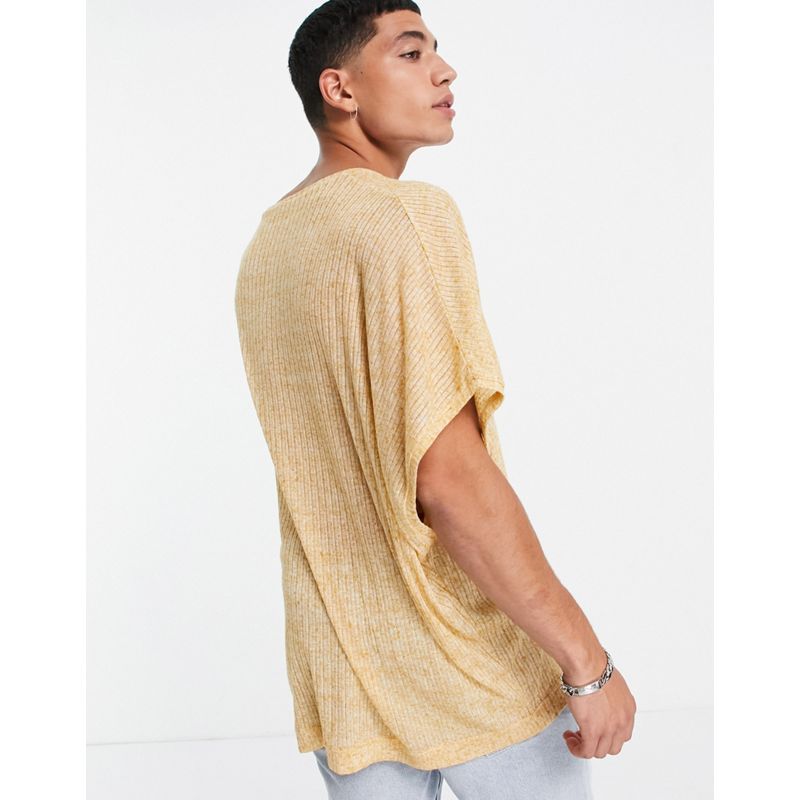 DESIGN – Lang geschnittenes, geripptes Oversize-T-Shirt in Senfgelb mit tiefem V-Ausschnitt