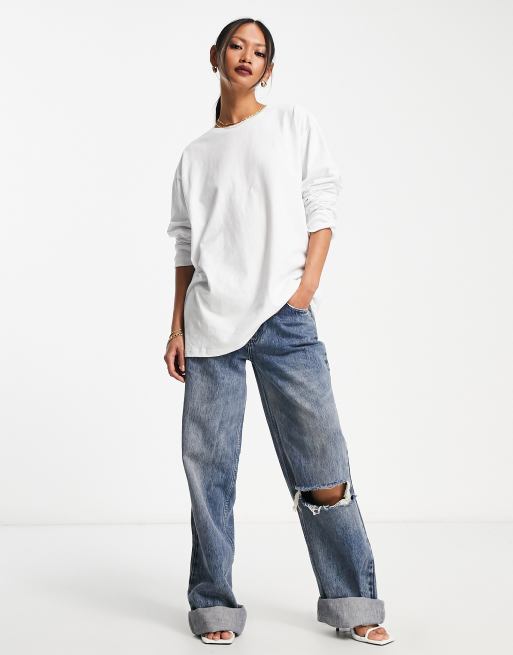 ASOS DESIGN – Lang geschnittenes, langärmliges Oversize-Shirt in Weiß