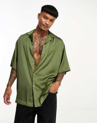 Asos Design Lang Geschnittenes Oversize Satinhemd In Khaki Asos