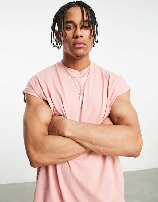 ASOS DESIGN – Lang geschnittenes Oversize-T-Shirt in verwaschenem Rosa mit Rollärmeln