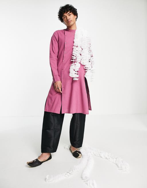 ASOS DESIGN - Lang linnen kurta overhemd met asymmetrische voorkant in mauve