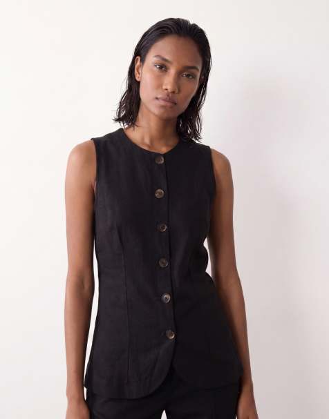 ASOS DESIGN lang linnevest med knaplukning foran i sort - view 1
