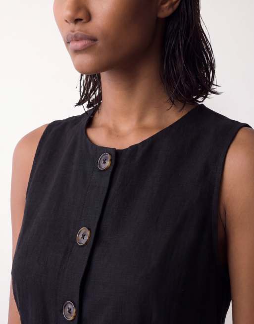 ASOS DESIGN lang linnevest med knaplukning foran i sort, 3 af 4