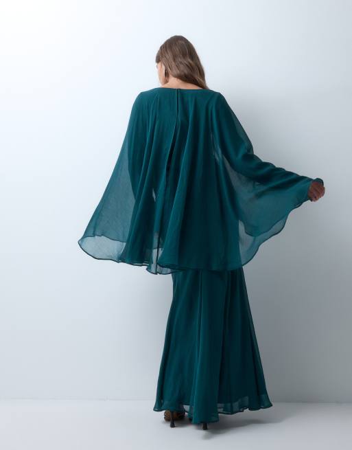 ASOS DESIGN lang maxikjole med angelærmer og rynket talje i teal, 4 af 4